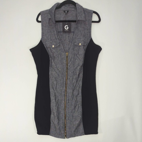 G by Guess Womens Lewcy Linen Dress Gray Black Zippered XL NWT - Picture 1 of 9